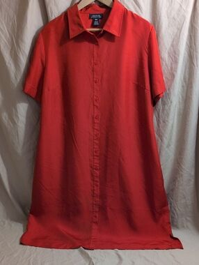 Jones New York Bright Orange 100%. Silk Button-Front Midi Shirt Dress